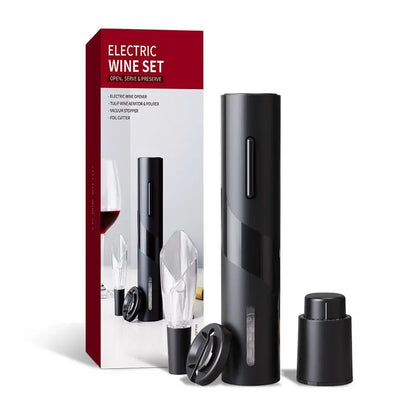 Black electric wine bottle opener set with vacuum stopper, foil cutter, and wine aerator accessories displayed alongside box