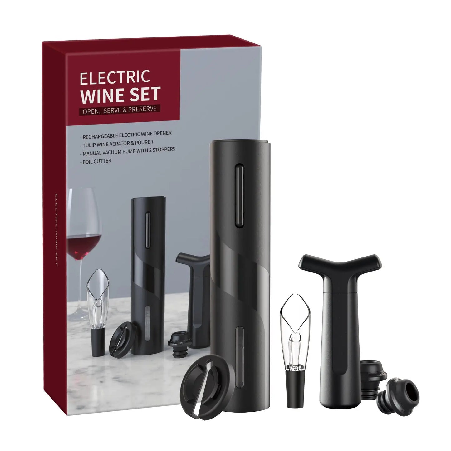 Black electric wine opener set with rechargeable bottle opener, foil cutter, aerator, vacuum pump, and stoppers on marble surface