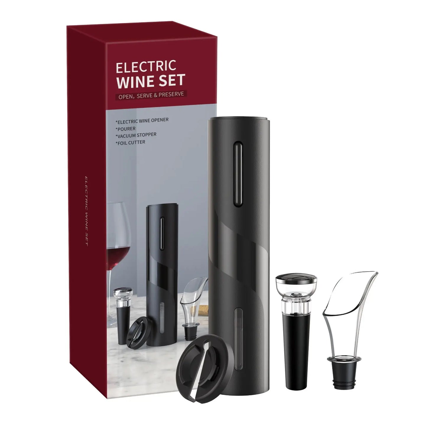 Black electric wine opener set with foil cutter, wine stopper, and pourer displayed next to product packaging box