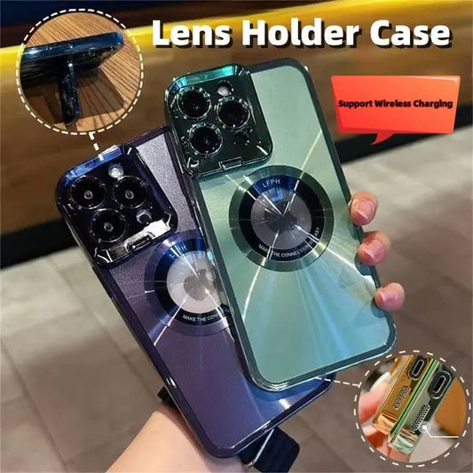 Two electroplated iPhone cases with CD pattern lens holder and magnetic bracket for wireless charging support