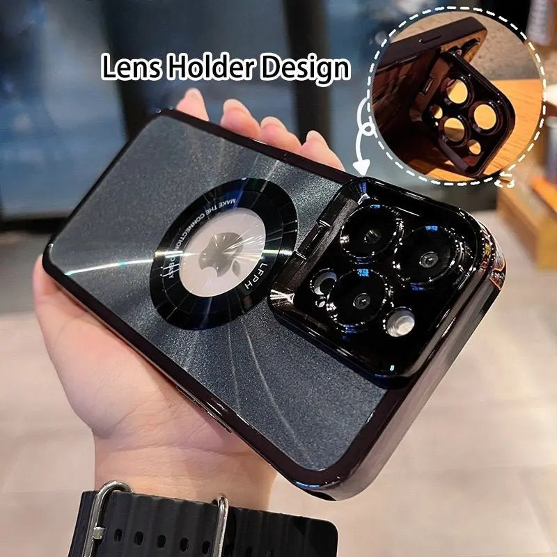 Electroplated phone case for iPhone 12 13 14 Pro Max with CD pattern and magnetic invisible camera lens holder design