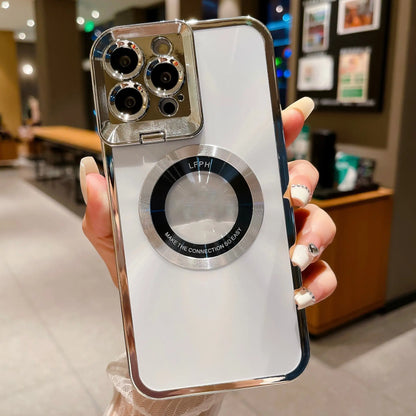 Hand holding clear electroplated phone case with CD pattern and magnetic Magsafe bracket on white iPhone back