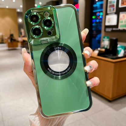 Close-up of green electroplated iPhone case with CD pattern magnetic ring and visible camera lens holders