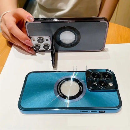 Close-up of two electroplated phone cases with CD pattern and magnetic Magsafe bracket for iPhone 12 13 14 Pro Max models