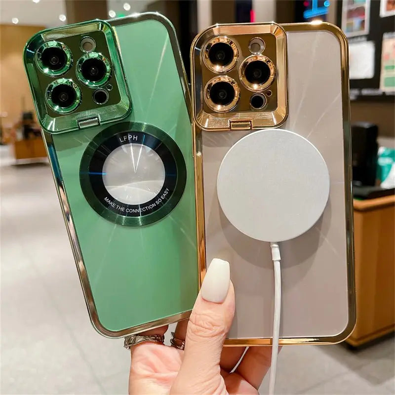 Close-up of two iPhone cases with electroplated luxury plating and CD pattern, featuring magnetic camera lens holder and stand