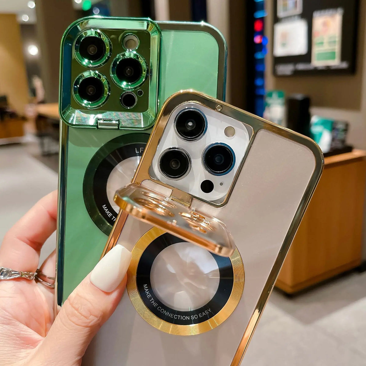 Clear electroplated iPhone cases with CD pattern, magnetic ring holder, and gold and green trim for iPhone 12 13 14 Pro Max models