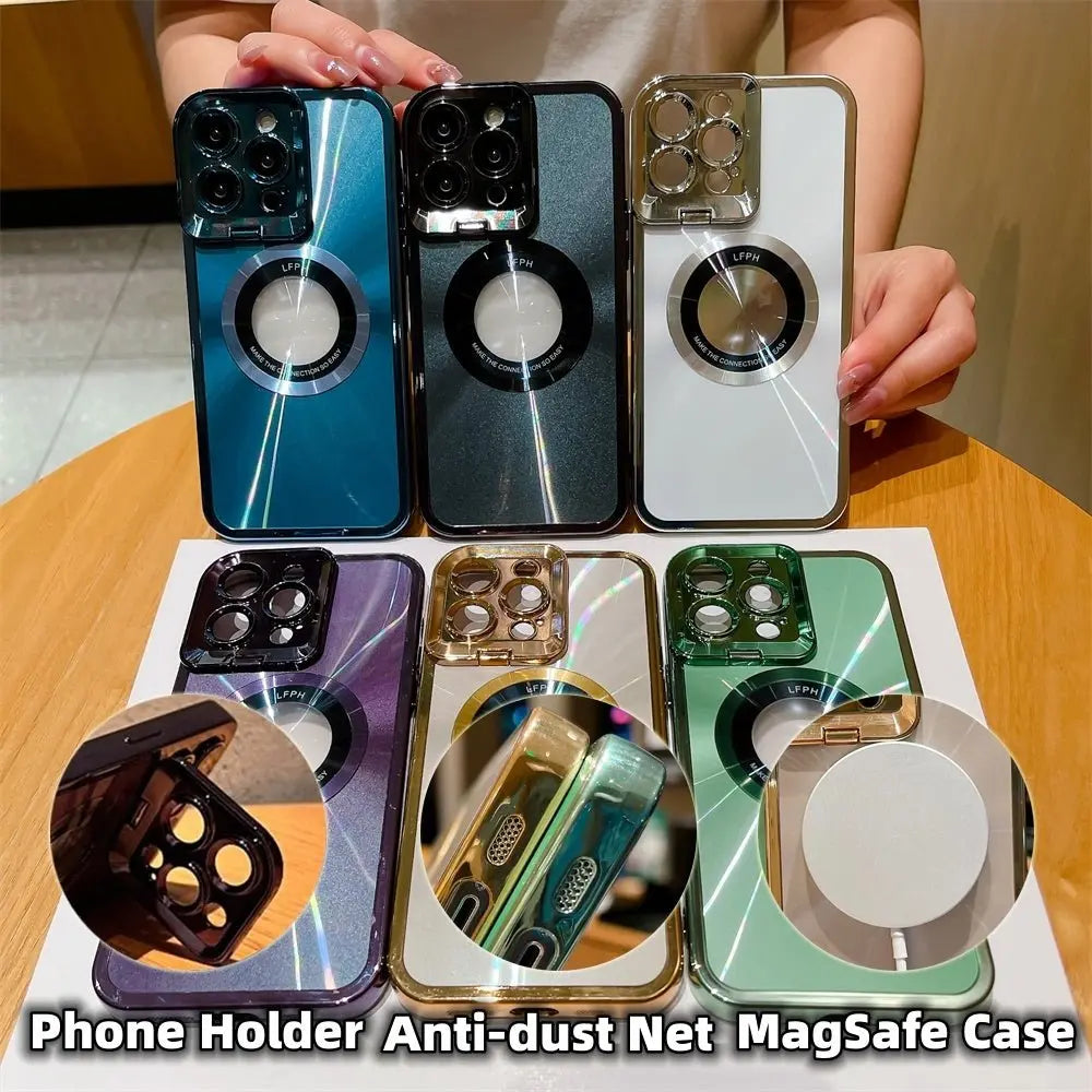Set of electroplated iPhone 12 to 14 Pro Max MagSafe phone cases with CD pattern and magnetic camera lens holder details