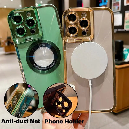 Two luxury electroplated phone cases with CD pattern and magnetic holder designed for iPhone 12 13 14 Pro Max models