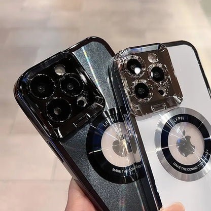 Close-up of two electroplated phone cases with CD pattern and magnetic Magsafe bracket for iPhone 12 13 14 Pro Max models