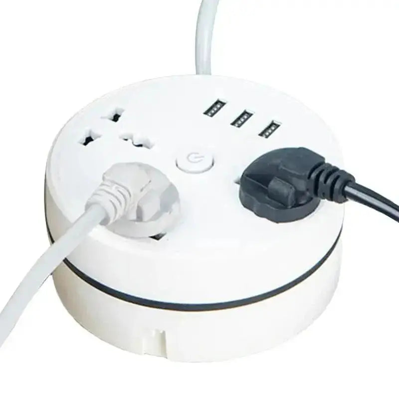 Top view of round white EU plug smart power strip with multiple AC outlets, USB ports, and power button