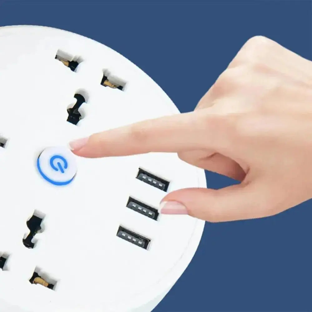 Close-up of EU plug smart power strip showing finger pressing illuminated power button with USB ports visible