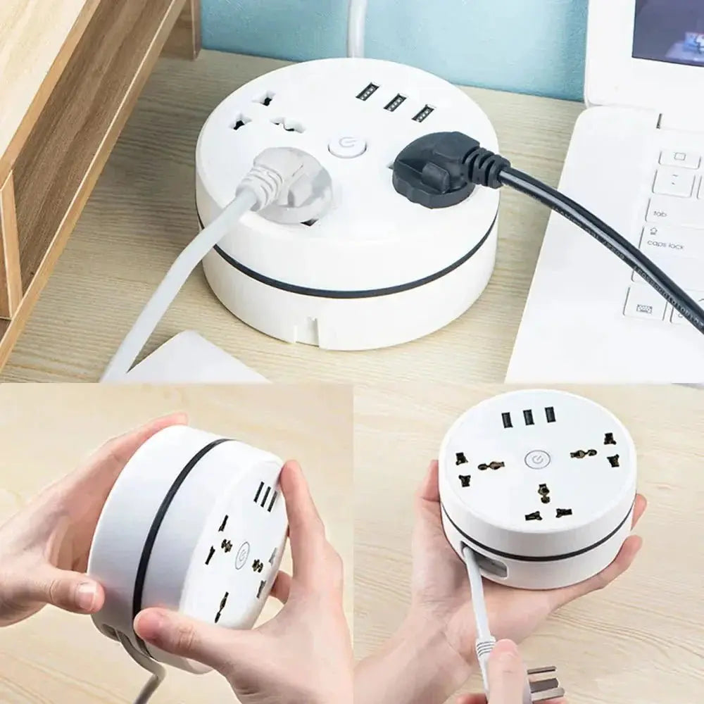 Compact round EU plug smart power strip with multiple AC outlets, USB ports, and fast charging capabilities
