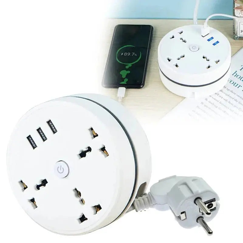 White round EU plug power strip with multiple AC outlets, three USB ports, and a power button on a desk charging a smartphone