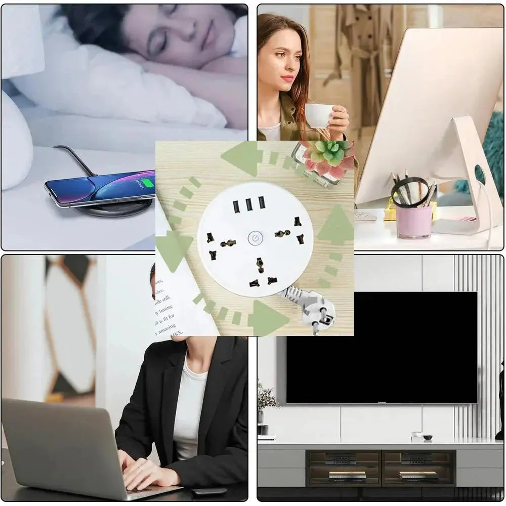 Top view of EU plug smart power strip with multiple AC outlets and USB ports shown with lifestyle use cases around it