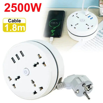 White round EU plug power strip with multiple AC outlets, three USB ports, power button, and 1.8m cable length displayed charging phone