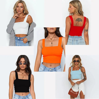 Collage of women's sleeveless fashion crop tops in white, red, orange, black, and light blue with square necklines