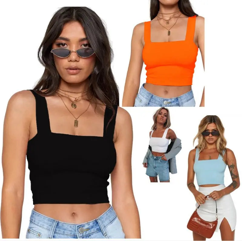Collage of women's sleeveless fashion crop tops in black, orange, white, and light blue with square necklines