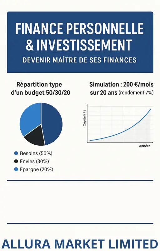 Personal finance and investment infographic with 50/30/20 budget pie chart and 20-year growth simulation graph