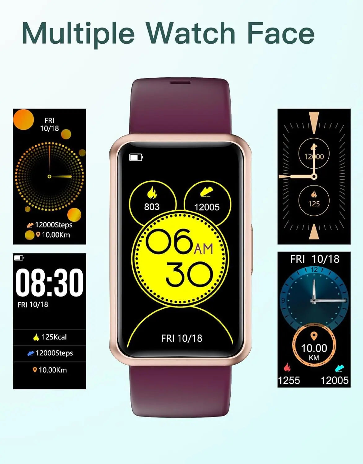 Purple fitness tracker watch with rose gold frame displaying multiple digital and analog watch face options