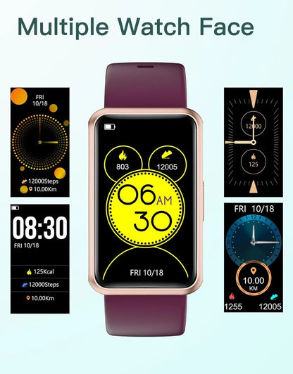 Purple fitness tracker watch with rose gold frame displaying multiple digital and analog watch face options