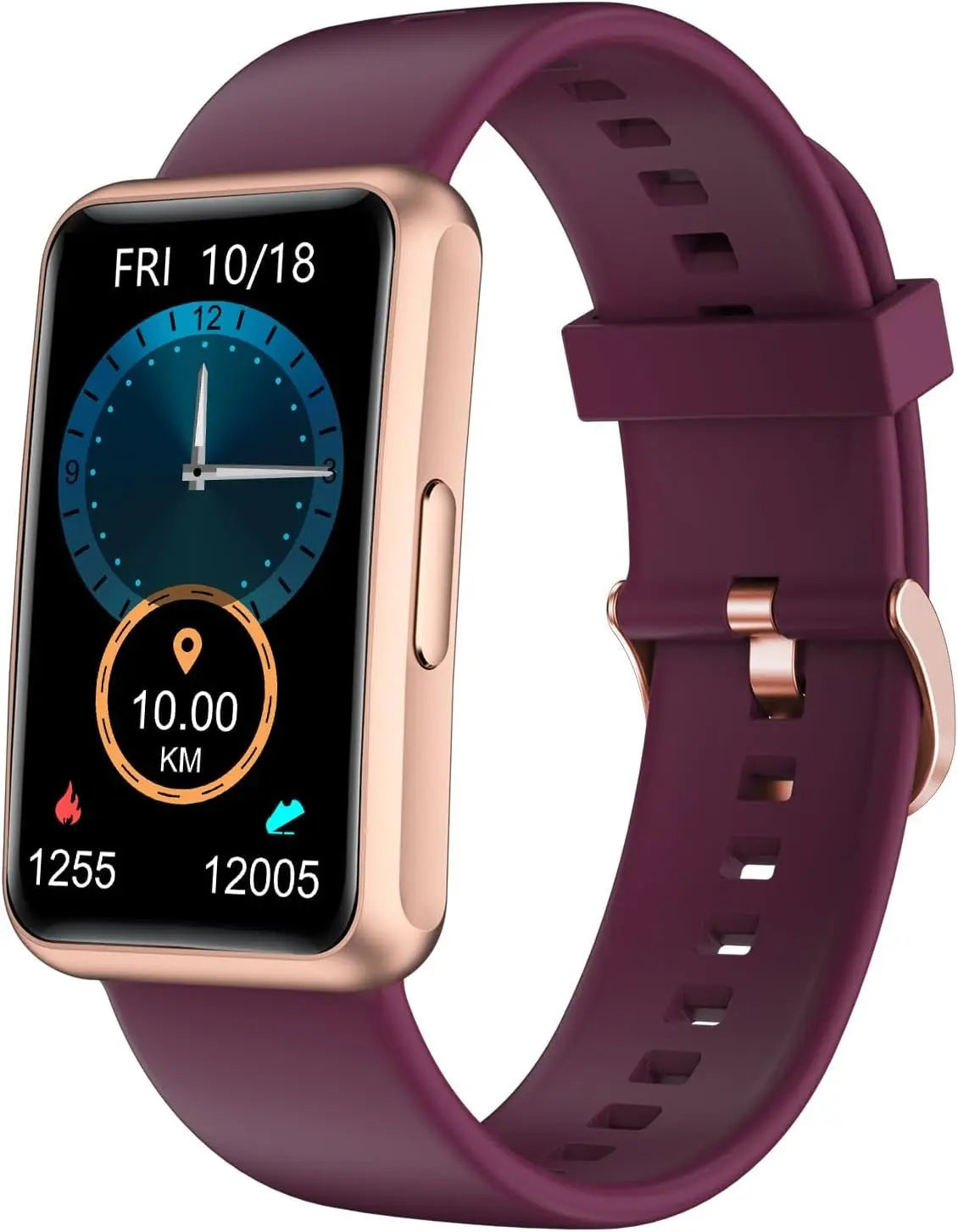Purple fitness tracker watch with rose gold casing showing time, date, steps, calories, and distance on full touch screen