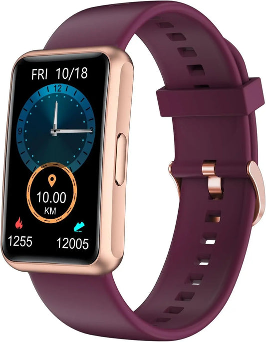 Purple fitness tracker watch with rose gold casing showing time, date, steps, calories, and distance on full touch screen