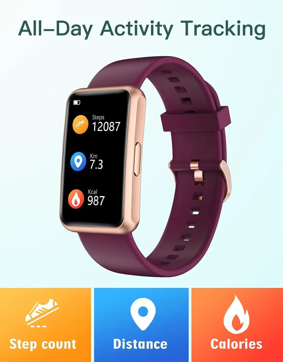 Purple fitness tracker watch with rose gold frame showing steps, distance, and calories on full touch screen display