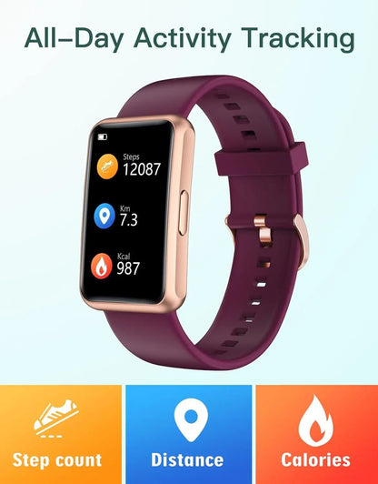 Purple fitness tracker watch with rose gold frame showing steps, distance, and calories on full touch screen display