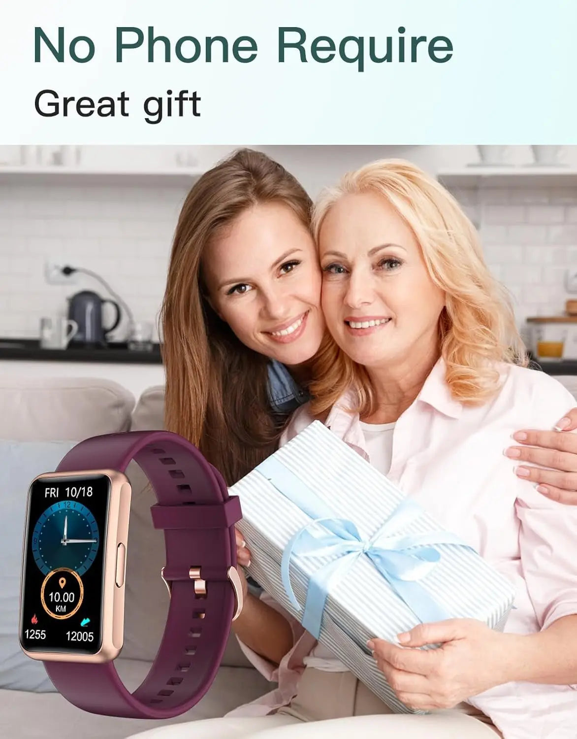 Older woman and young woman smiling indoors with purple fitness tracker watch and gift box wrapped with blue ribbon