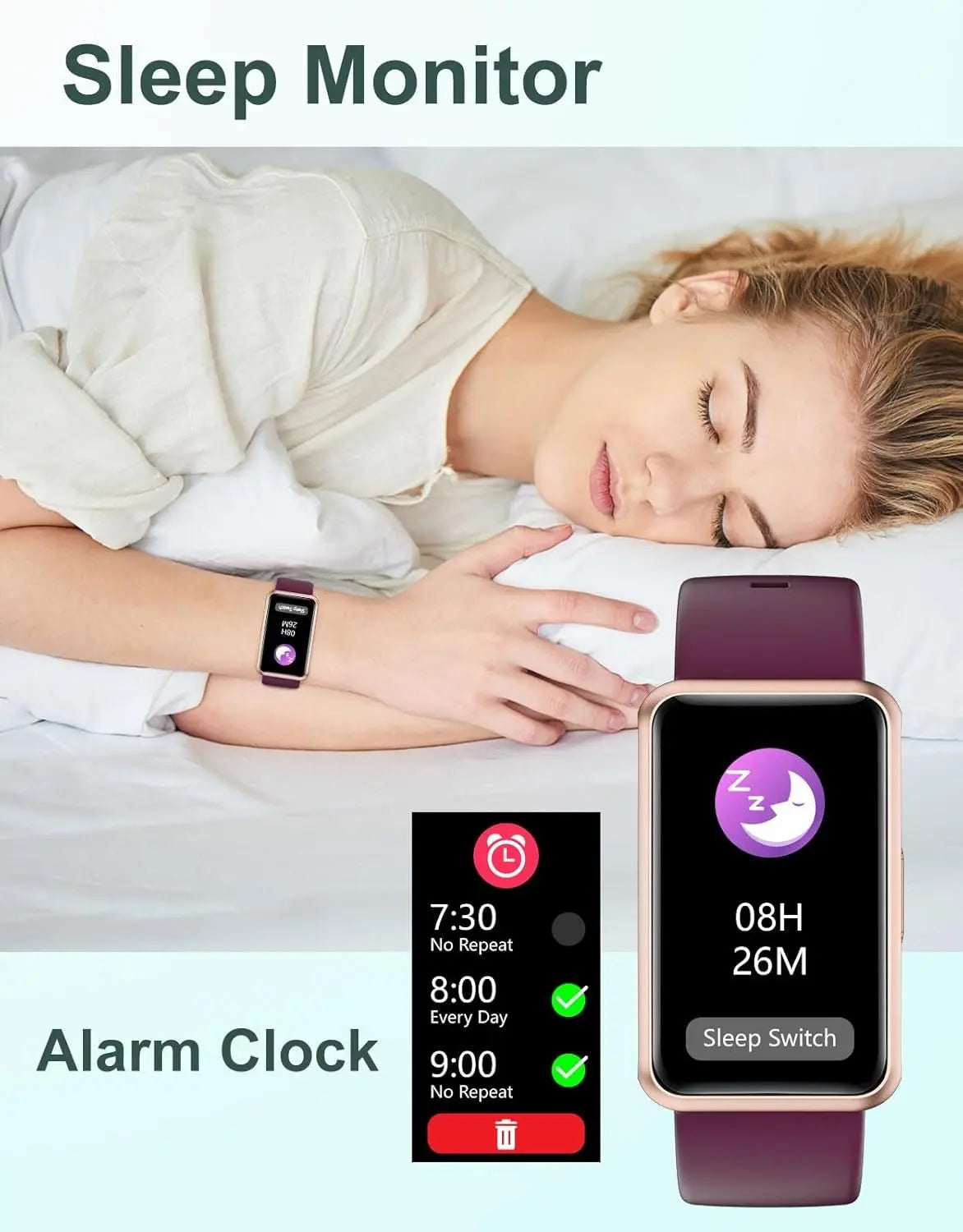 Woman sleeping on bed wearing purple fitness tracker showing sleep monitor and alarm clock functions on screen
