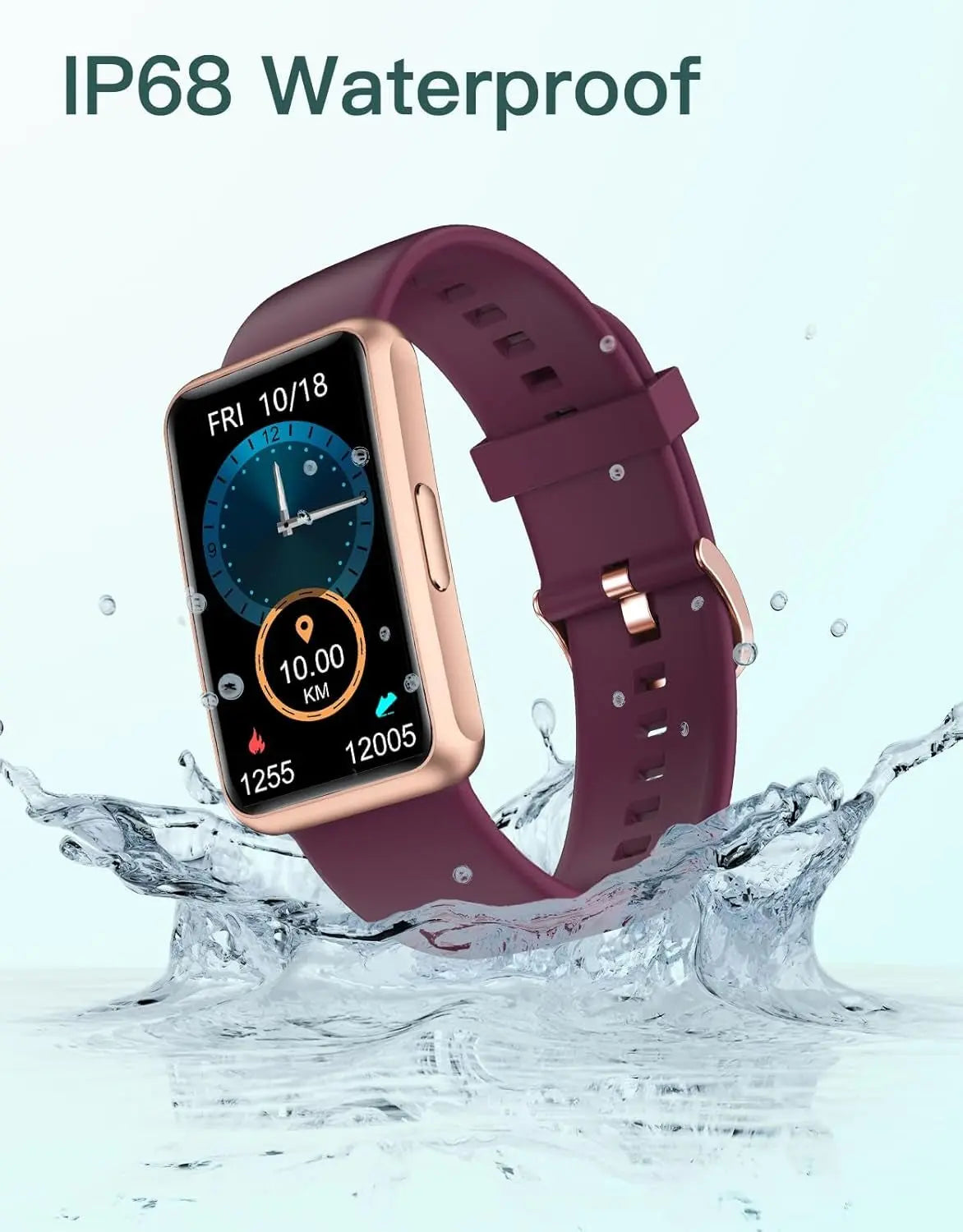 Purple fitness tracker watch with full touch screen, waterproof design, step and calorie counter display