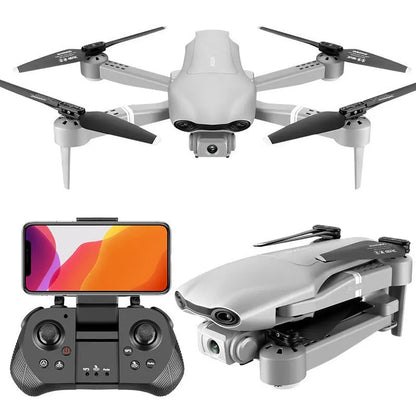 Compact grey folding drone with 4K camera, controller with smartphone holder, shown folded and in flight mode