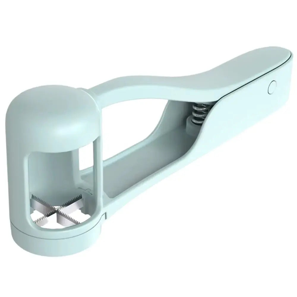 Light blue grape and cherry tomato slicer with serrated blades and ergonomic handle for quick fruit cutting