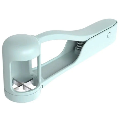 Light blue grape and cherry tomato slicer with serrated blades and ergonomic handle for quick fruit cutting