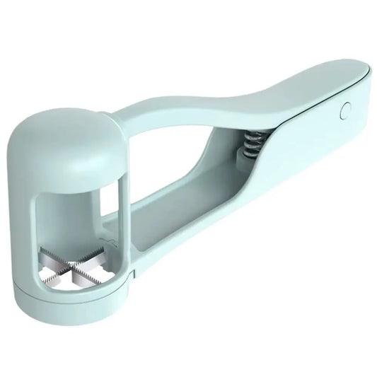 Light blue grape and cherry tomato slicer with serrated blades and ergonomic handle for quick fruit cutting