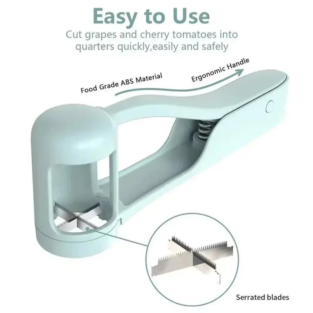 White fruits slicer cutter with ergonomic handle and serrated blades for cutting grapes and cherry tomatoes into quarters