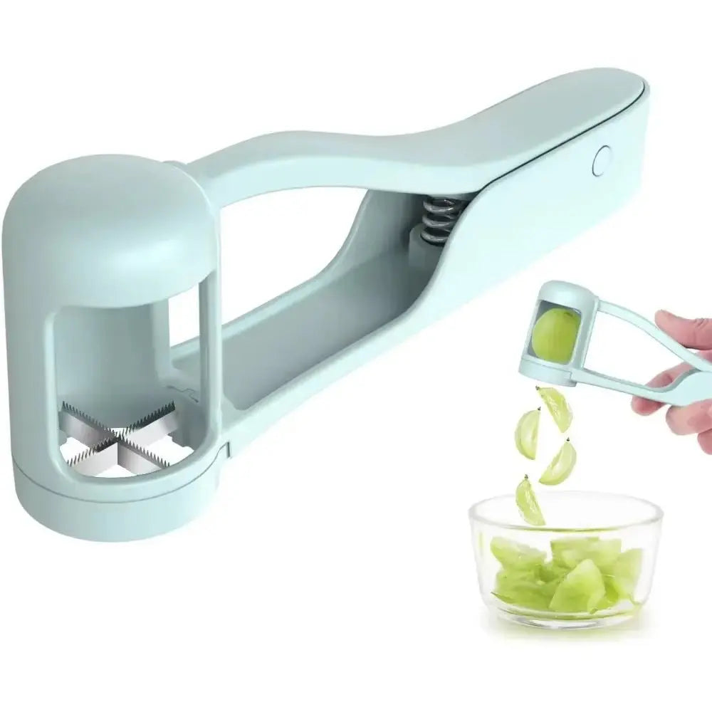Light grey fruits slicer cutter with cross-shaped serrated blades cutting grapes into quarters for quick food prep