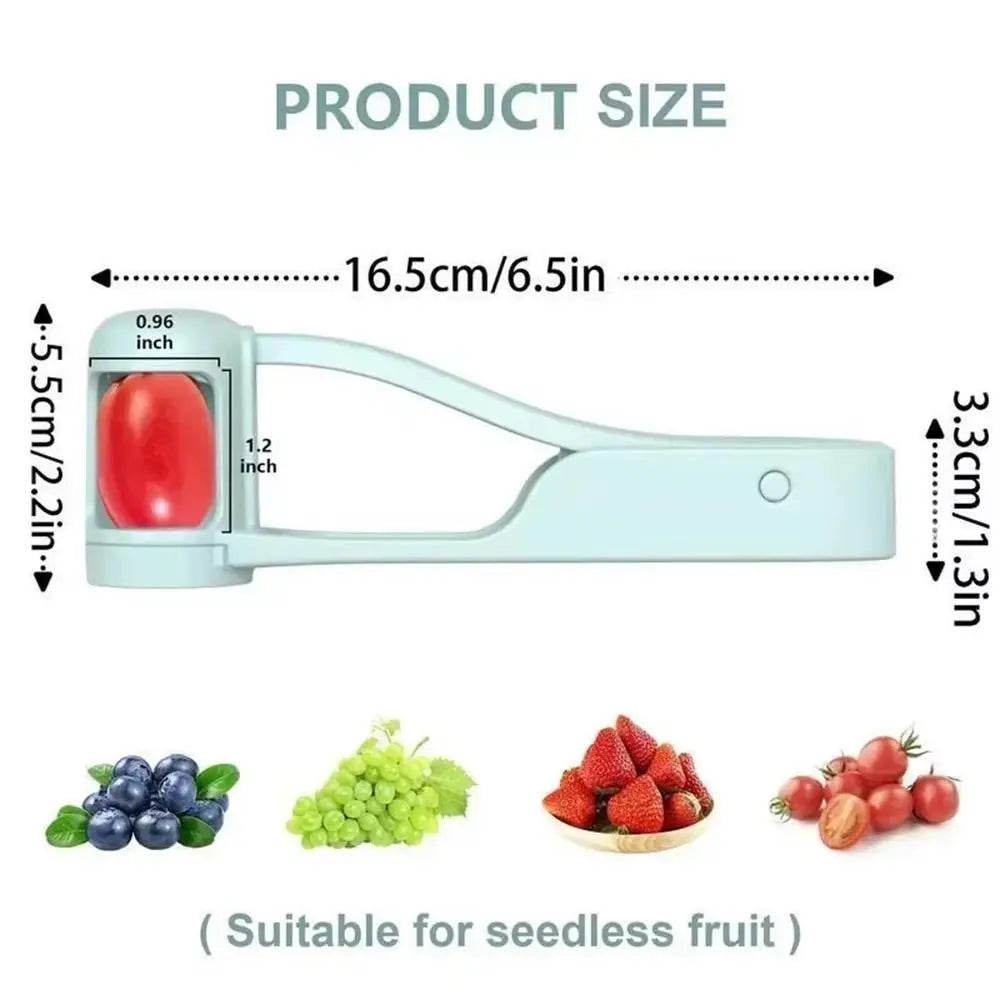 Side view of light blue grape and cherry tomato cutter with size dimensions and images of suitable seedless fruits below