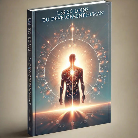 Soft glowing ebook cover titled Les 30 Loins du Development Human with human silhouette and radiant light design