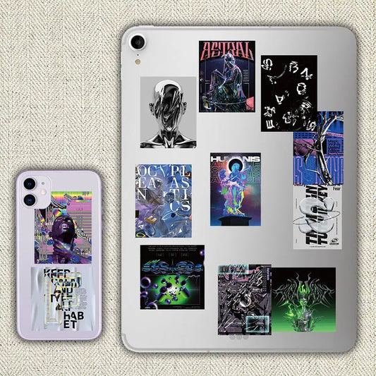 Set of Harajuku Tech Acid Design poster stickers with abstract and futuristic digital art on a silver tablet and white phone case