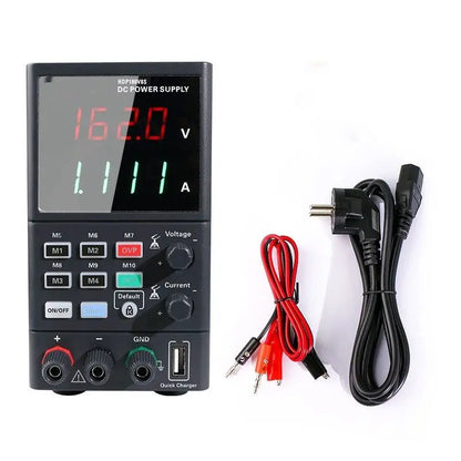 Front view of HDP135V6 programmable DC power supply with digital display, control buttons, and included cables for mobile phone repair