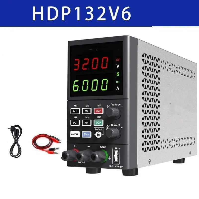 Front view of HDP132V6 programmable DC power supply for mobile phone repair with digital voltage and current display and cables
