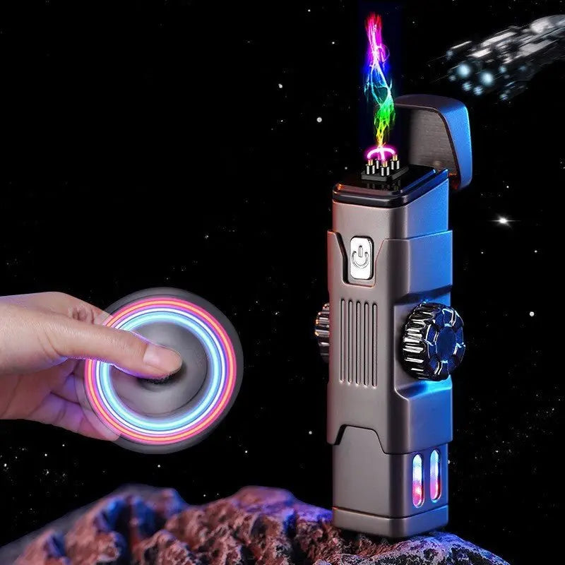 High-tech metallic charging lighter in gray with colorful LED flame and a spinning multicolor fidget spinner in hand
