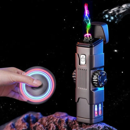 High-tech metallic charging lighter in gray with colorful LED flame and a spinning multicolor fidget spinner in hand