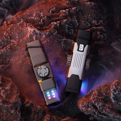 Two metallic high-tech charging lighters with LED colorful lights glowing on rocky dark background