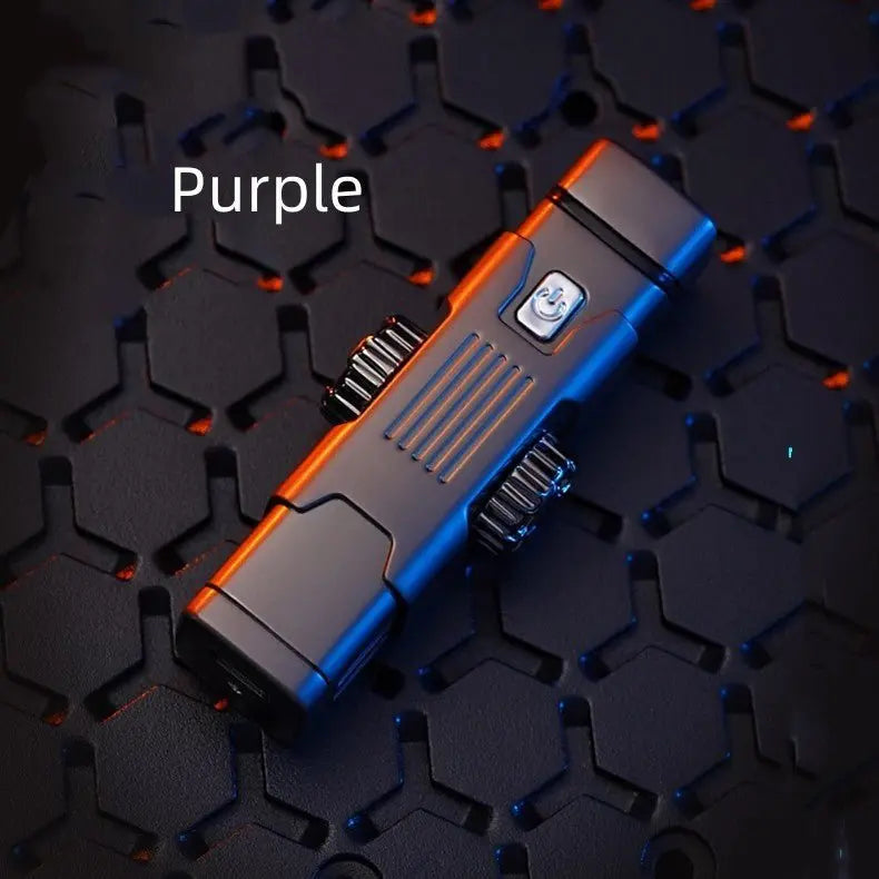 Purple high-tech metal charging lighter with LED colorful lights and dual ignition wheels on textured surface