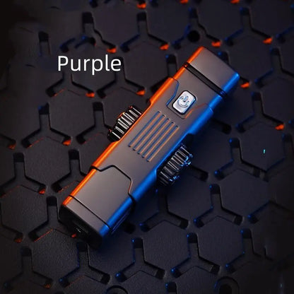 Purple high-tech metal charging lighter with LED colorful lights and dual ignition wheels on textured surface