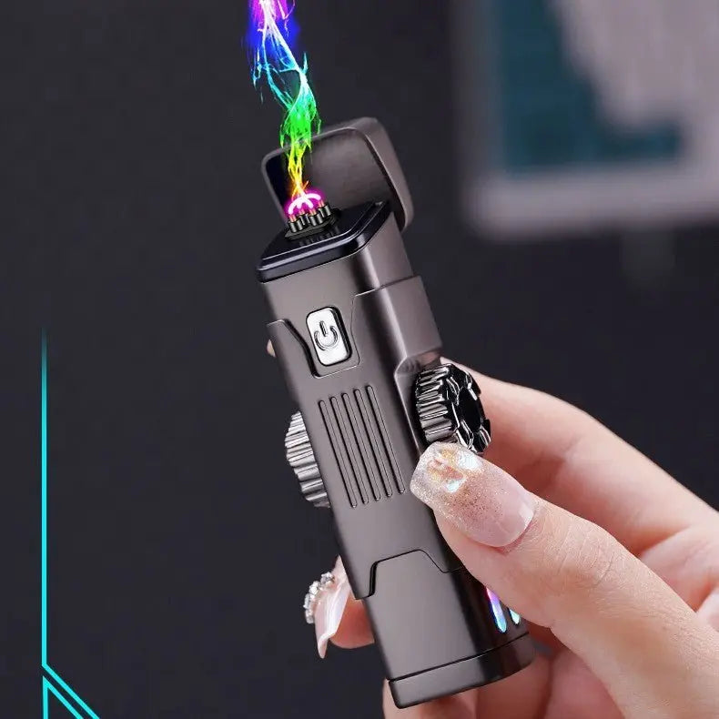 Hand holding sleek metallic high-tech charging lighter with LED colorful electric arc flame ignited
