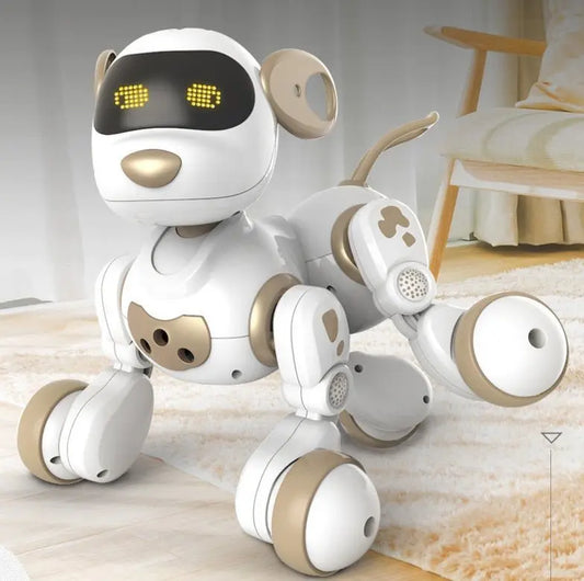 White and gold intelligent remote control robot dog toy with digital eyes and movable legs on living room floor