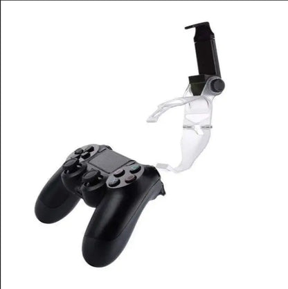 Black PS4 controller attached to transparent Joypad Pour mobile holder with adjustable phone clamp and support arm